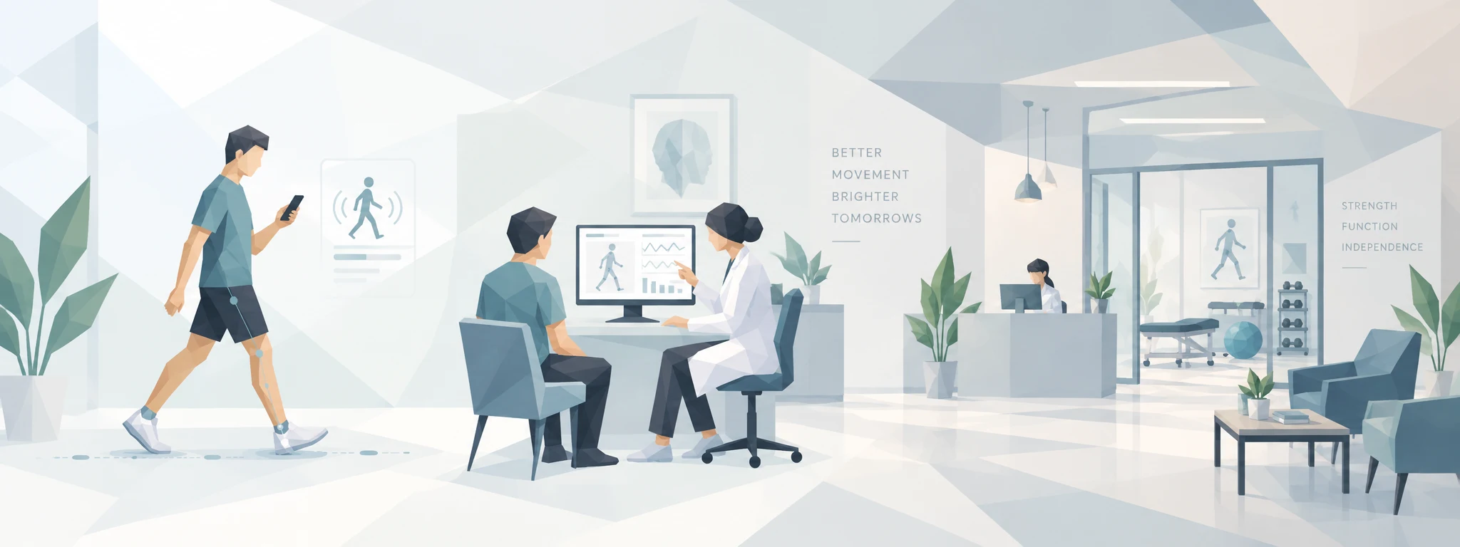 A rehabilitation clinic: someone walking while their phone measures them, a clinician reviewing a recovery trend with a patient on the dashboard, and a reception and gym area beyond.
